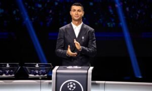 Cristiano Ronaldo en el sorteo de la nueva Champions League.