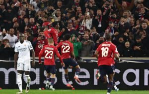 Lille celebra el gol de Jonathan David para el triunfo sobre Real Madrid.