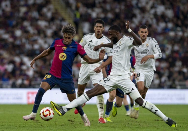 Lamine Yamal vs Antonio Rüdiger en la final de la Supercopa entre Barcelona y Real Madrid.