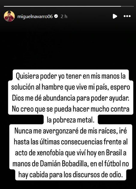 El mensaje de Miguel Navarro en sus historias de Instagram.