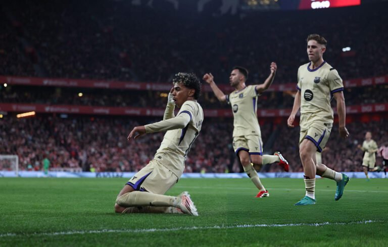 Home 27 Lamine Yamal marcó su 14° gol en La Liga, esta vez para la victoria 1-0 de Barcelona sobre Athletic Club de Bilbao.