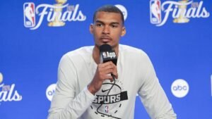 Jun 5, 2026; San Antonio, Texas, USA; San Antonio Spurs forward Victor Wembanyama (1) speaks with the media after the game between the Spurs and the Knicks in game two of the 2026 NBA Finals at Frost Bank Center. Mandatory Credit: Daniel Dunn-Imagn Images