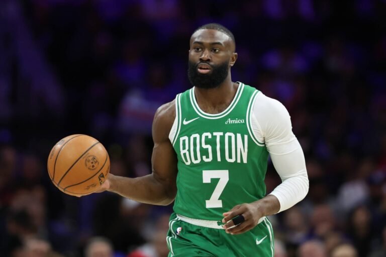 Home 27 Apr 30, 2026; Philadelphia, Pennsylvania, USA; Boston Celtics guard Jaylen Brown (7) dribbles the ball against the Philadelphia 76ers during the first quarter at Xfinity Mobile Arena. Mandatory Credit: Bill Streicher-Imagn Images